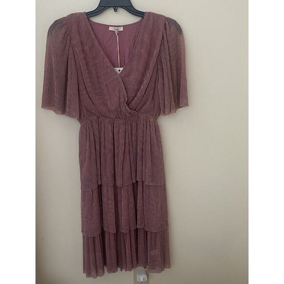 Easel Tiered Metallic Stripe Midi Dress Size M Russet Pink Party Wedding - Picture 2 of 5